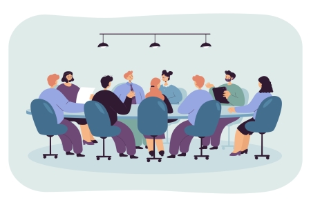 Des personnes assises à une table ronde dans la salle de conférence. Conseil d'administration ou simple réunion avec des personnes discutant dans une illustration vectorielle de la salle de bureau.